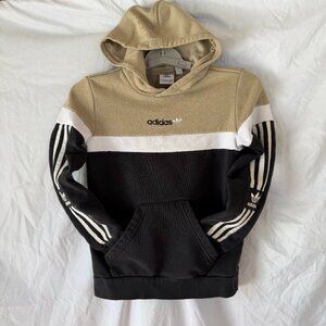 Adidas Boys Pullover Hoodie Sweatshirt Beige Tan Black 3-Stripes Size S Small
